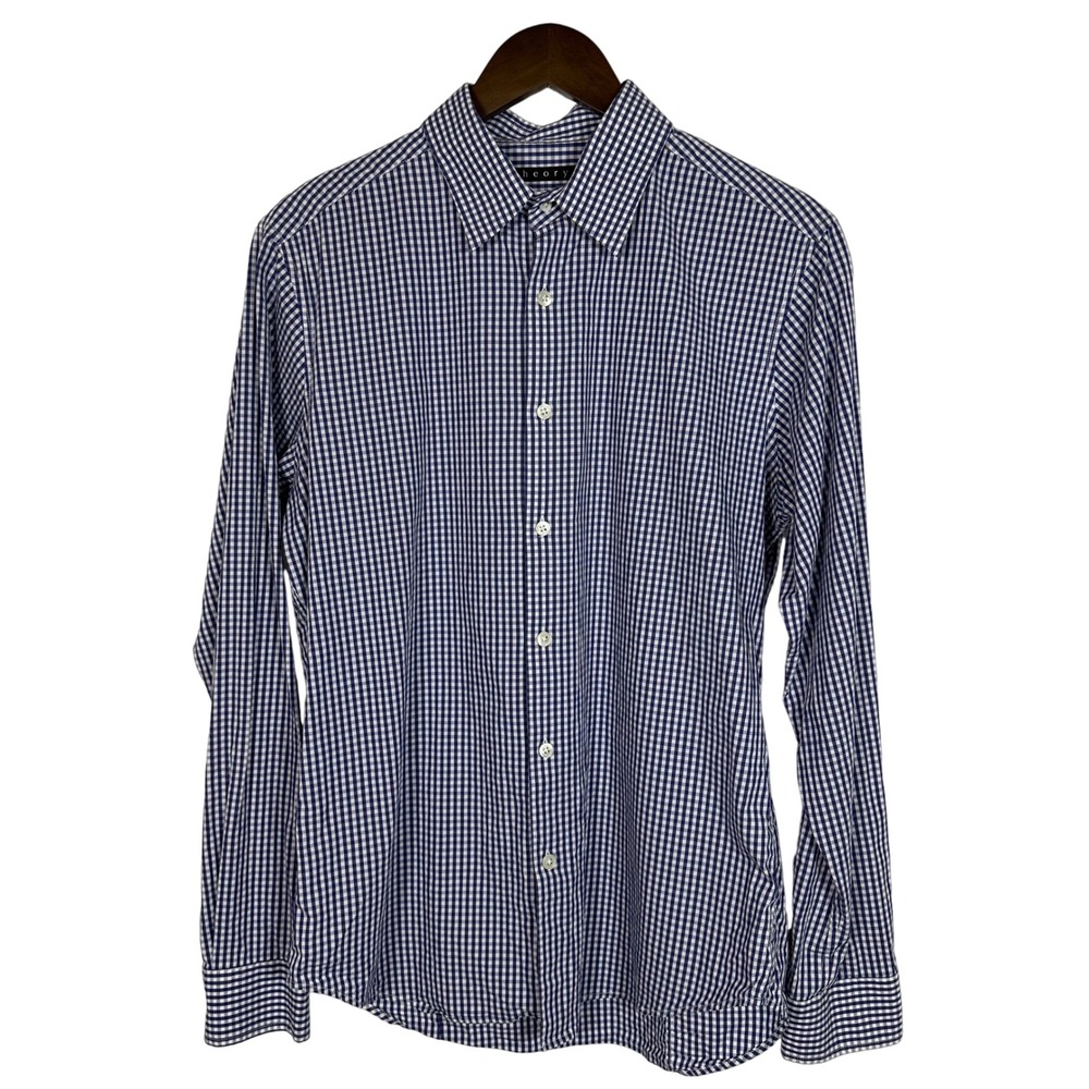 Theory Men's M Sylvian Amicable Shirt Blue White Gingham Check Preppy‎ Office
